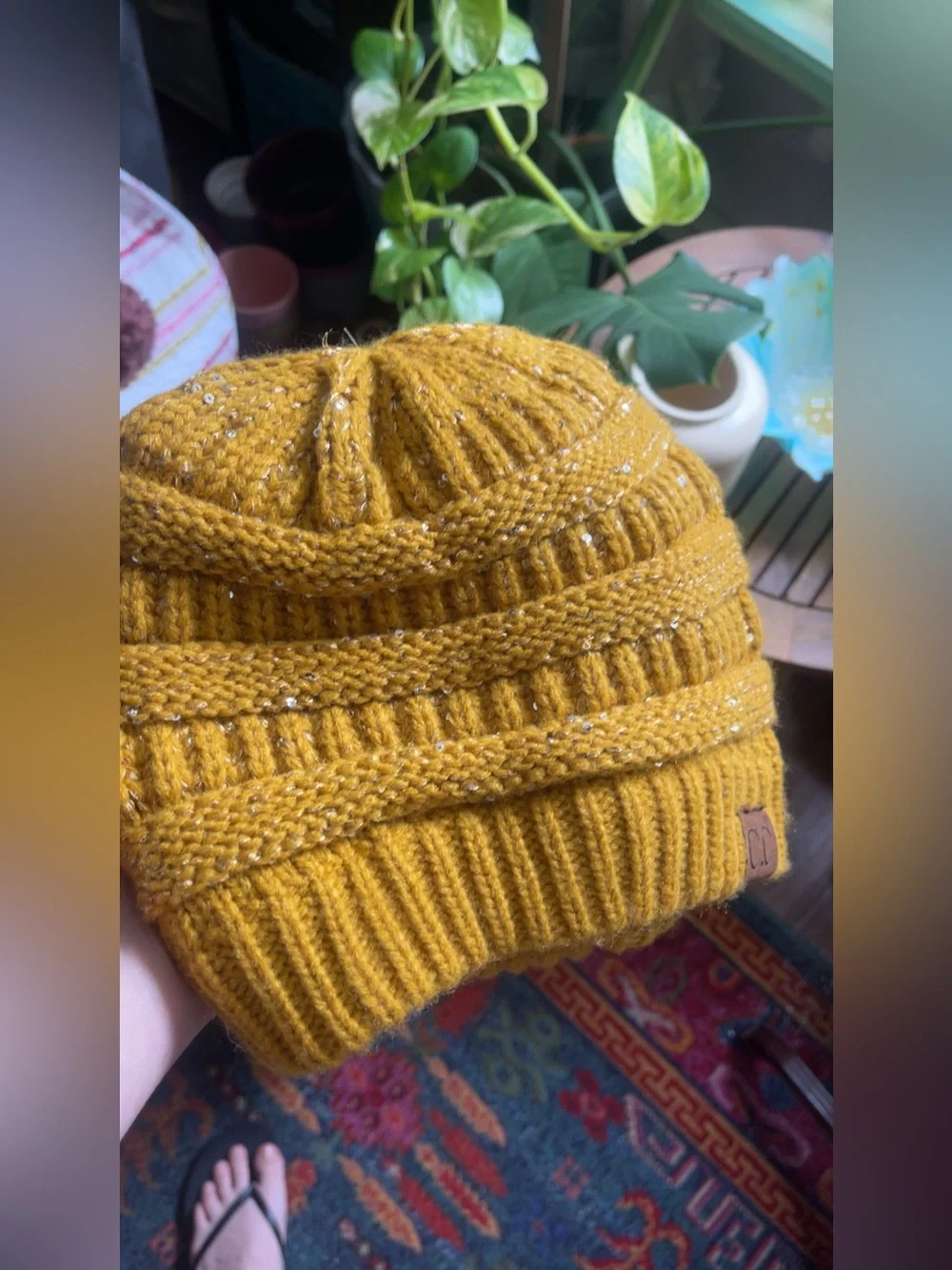 C.C. Exclusives Mustard Yellow Chunky Knit Beanie with Silver Shimmer Like New